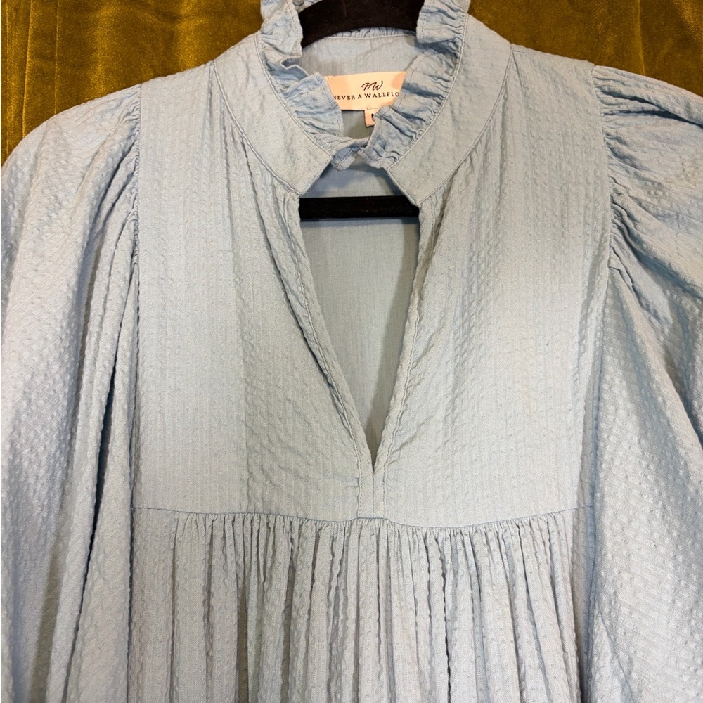 Never a Wallflower High Neck Dress Carolina Blue Seersucker Mini Medium $288 - Picture 7 of 8